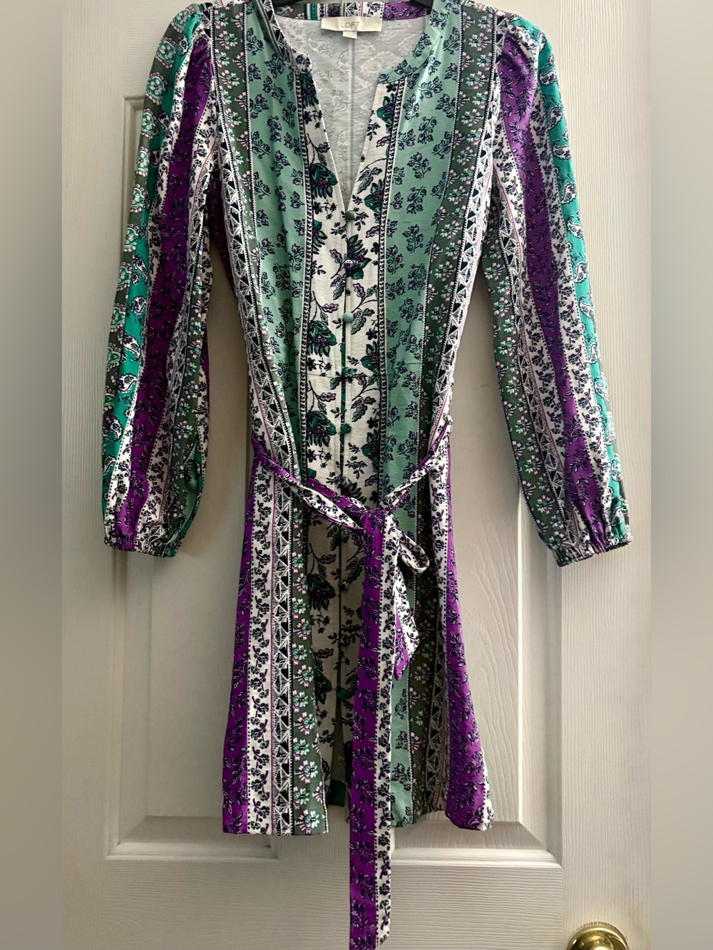 LOFT Mint and Purple Floral Stripe Long Sleeve Wrap Dress